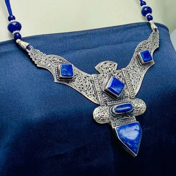 Lapis Lazui Nepalese Triangular Pendant Necklace, Lapis Lazuli Necklace - Picture 4 of 8
